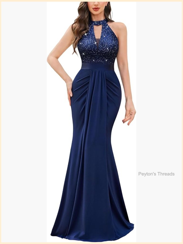 Elegant Halter V-Neck Lace Sequin Pleated Formal Evening Maxi Dress
